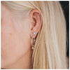 Sterling silver hoop earring worn by a blonde female with a small globe of silver hanging from each.