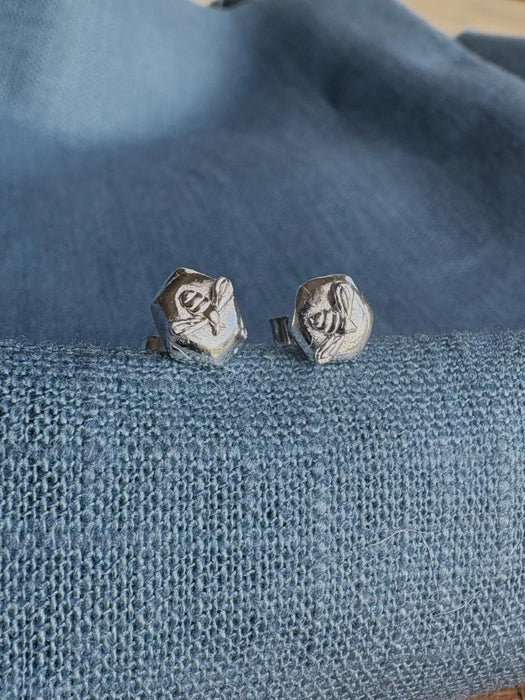 Silver Honeycomb Bee Studs