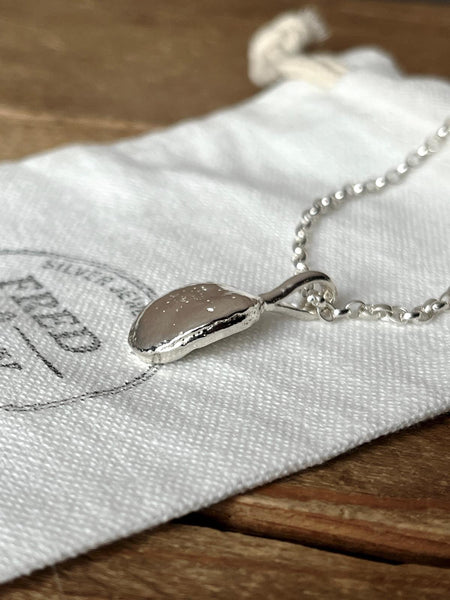 A silver pendant in the shape of a pumpkin seed, attached to a 2.5mm belcher chain, displayed on a white fabric pouch with the brand 'Fred & Emily' stamped on it.