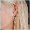 Starfish stud earrings made from sterling silver worn by a blonde female with a hoop and separate silver stud in an ear stack