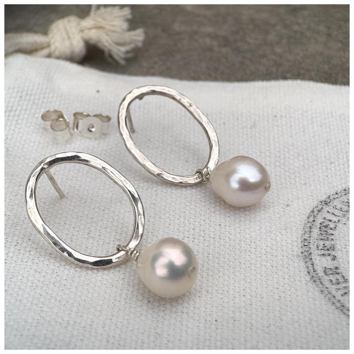 Silver Oval Pearl Drop Earrings