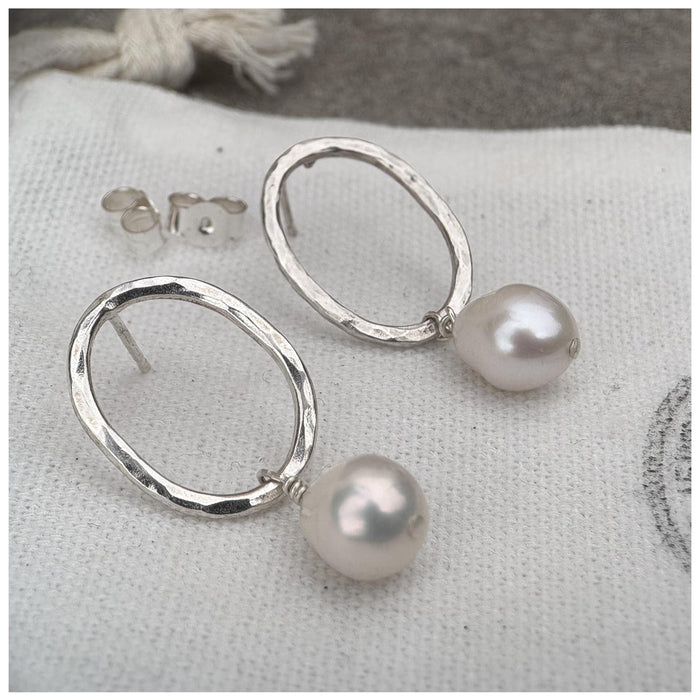 Silver Oval Pearl Drop Earrings