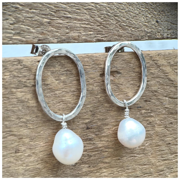 Silver Oval Pearl Drop Earrings