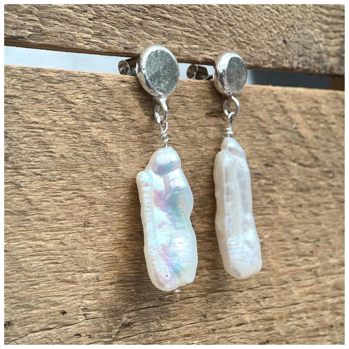 Silver Stud Pearl Pendant Earrings