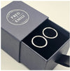 sterling silver halo circle earrings in a navy Fred & Emily Jewellery Box