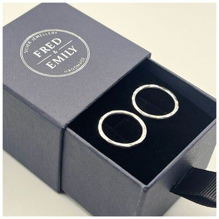 sterling silver halo circle earrings in a navy Fred & Emily Jewellery Box