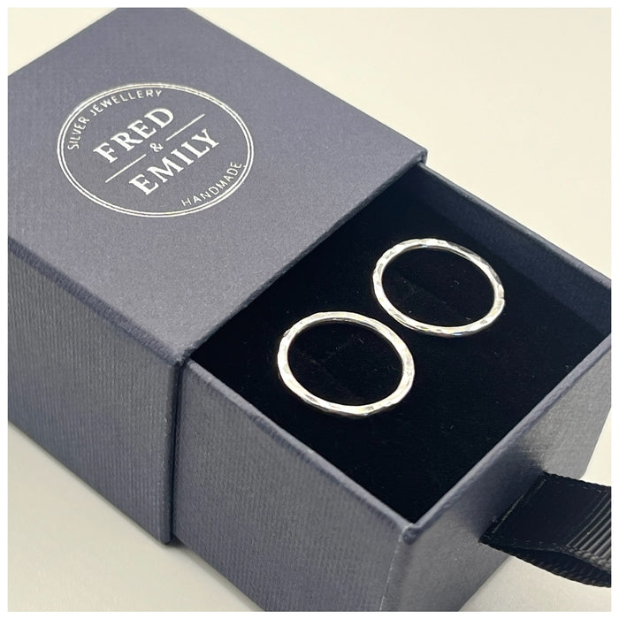 sterling silver halo circle earrings in a navy Fred & Emily Jewellery Box